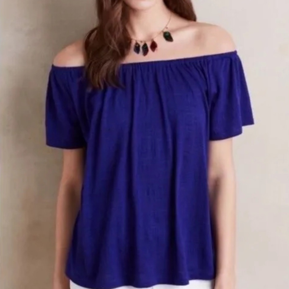 Anthropologie Akemi + Kin Edna Off the Shoulder Top Size S Blue Short Sleeve